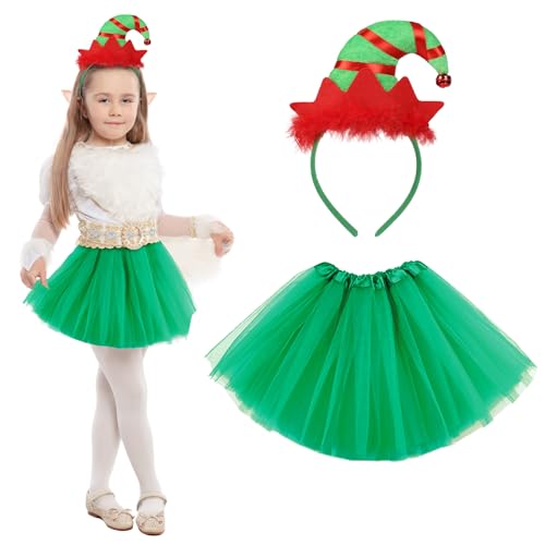 MONCAP 2 Stück Weihnachten Elf Kostüm Mädchen Elfen Kostüm Kinder Weihnachtself Kostüm Kinder Elfenkostüm mit Elfenhaarreif Tutu für Weihnachtskostüm Weihnachtsfeier Xmas Party Cosplay Party von MONCAP