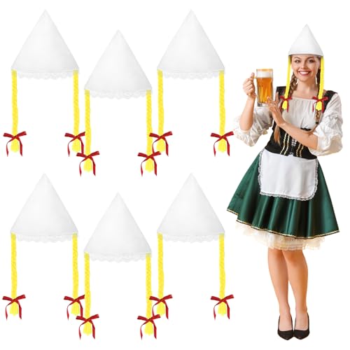 MONCAP 6 Stück Oktoberfest Trachtenhut Weiß Seppelhut Damen Bayern Trachtenhut Volksfest Bayerischer Hut Wiesn Hut Bierfest Sepplhut für Damen Oktoberfest Accessoires Deutsche Bierfest Party von MONCAP