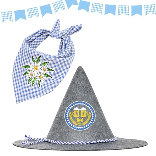 MONCAP 2 Stück Oktoberfest Trachtenhut mit Trachtentuch Bayerischer Seppelhut Bayern Filzhut Oktoberfest Accessoires für Herren Damen Oktoberfestparty Geschenk Bierfest Mottopartys von MONCAP