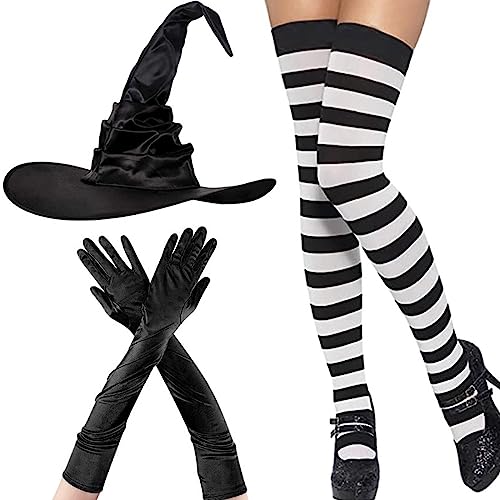 MONOJLY Halloween Hexenkostüm Hut Handschuhe Socken Set Party Cap Frauen gerüschter Zauberer Hut Unisex Hexenkappe Cosplay Kostüm Zubehör von MONOJLY