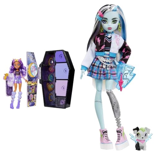 MONSTER HIGH-Puppe und Outfits, Clawdeen Wolf, Skulltimate Secrets & Frankie Puppe - Elektrisierende Mode, Voltageous College-Jacke, gruseliges Zubehör, Flexibler Körper, für Kinder ab 6 Jahren, HHK53 von MONSTER HIGH