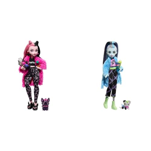 MONSTER HIGH Puppen- und Übernachtungszubehör & Puppe und Sleepover-Zubehör, Frankie Stein Puppe mit Haustier Hund Watzie, Creepover Party, HKY68 von MONSTER HIGH