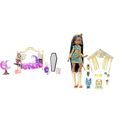 MONSTER HIGH Clawdeen Wolf - Schlafzimmer-Spielset mit Zubehör & Cleo de Nile Puppe - Königliches Outfit, Killerstiefel, Pyramidenrucksack, Zubehör, für Kinder ab 6 Jahren, HHK54 von Monster High