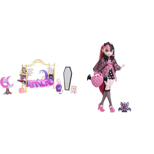 MONSTER HIGH Clawdeen Wolf - Schlafzimmer-Spielset mit Zubehör & Draculaura Puppe - Vamp-tastische Mode, Umhang, Accessoires, Haustierfledermaus, für Kinder ab 6 Jahren, HHK51 von MONSTER HIGH