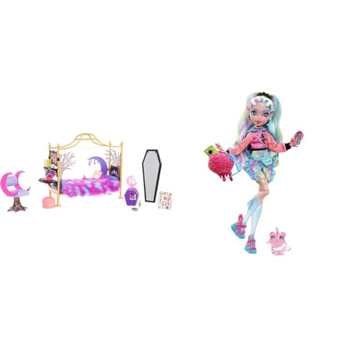 Monster HIGH Clawdeen Wolf - Schlafzimmer-Spielset mit Zubehör & Lagoona Blue Puppe - Pink Hoodie, Batik-Bikeshorts, Plateausandalen, Flossen, Zubehör, für Kinder ab 6 Jahren, HHK55 von MONSTER HIGH