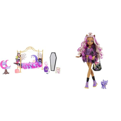 MONSTER HIGH Clawdeen Wolf - Schlafzimmer-Spielset mit Zubehör & Mattel Clawdeen - Puppe mit Animal-Print-Pullover von MONSTER HIGH