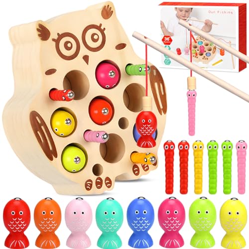 MOOING Magnetische Angelspiel Holzspielzeug, Montessori Spielzeug ab 2-5 Jahre, Kinder Holzspielzeug Angelspiel, Lernspielzeug Motorikspielzeug, Eule Angelspiel Magnetspielzeug Kinderspielzeug von MOOING