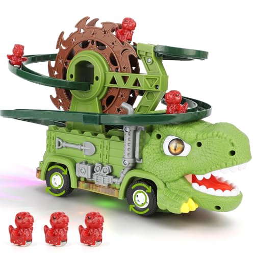 Dinosaurier Spielzeug Trackset, Autorennbahn mit 6 Dino Fahrzeug, Achterbahn Spielzeug mit Musik Blinkende LED-Leuchten Spielzeug Kinder Jungen 2-5 Jahre alt von MOOKLIN ROAM