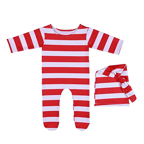 MOONDAME Baby Unisex Weihnachtself Outfits Neugeborene Jungen Mädchen Fotoshooting Requisiten Outfits Weihnachtsmann Rote Mütze Fußhose von MOONDAME