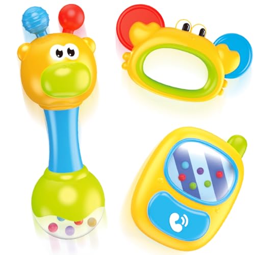 MOONTOY 3PCS Baby Rassel Beissring Set Baby Spielzeug ab 0 1 2 3 4 5 6 7 8 9 10 11 12 Monate Babyspielzeug 0-6 Monate Babyrassel BeißSpielzeug Zahnungshilfe Greifspielzeug Neugeborene Knisterspielzeug von MOONTOY