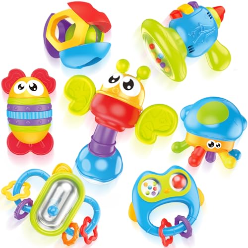 MOONTOY 7PCS Baby Rassel Beissring Set Baby Spielzeug ab 0 1 2 3 4 5 6 7 8 9 10 11 12 Monate Babyspielzeug 0-6 Monate Babyrassel BeißSpielzeug Zahnungshilfe Greifspielzeug Neugeborene Knisterspielzeug von MOONTOY