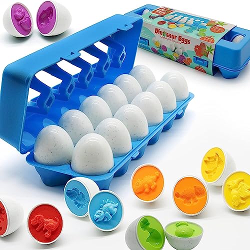 MOONTOY Dinosaurier Passende Eier Ostergeschenke 12 Pcs Farb und Formen Sortierer Montessori Spielzeug ab 1 2 3 Jahre Puzzle-Fähigkeiten Eier Farben Lernen Spielzeug für Kindertag Jungen Mädchen von MOONTOY