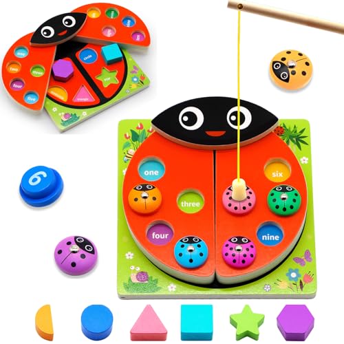 MOONTOY Marienkäfer Magnetisches Angelspiel Montessori Spielzeug ab 1 2 Jahre Kinderspielzeug 3 in1 Holz Magnetspiel Motorikspielzeug Lernspielzeug Geschenk für Junge und Mädchen ab 2 3 4 Jahre von MOONTOY