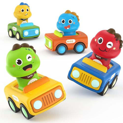 MOONTOY Spielzeugautos ab 1 2 3 Jahr Jungen, 4 Stück Auto Spielzeug ab 1 Jahr, Press and Go Auto Baby Dinosaurier Rennautos für Kleinkinder 10 12 18 Monate, Auto Spielzeug Geschenke zum 1 Geburtstag von MOONTOY