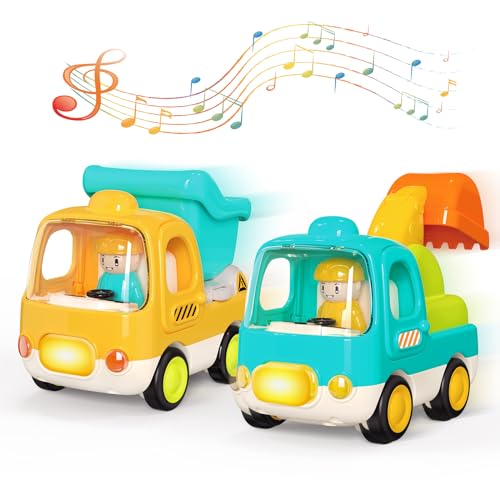 MOONTOY Baby Spielzeugautos ab 1 Jahr, Push and Go Baufahrzeuge für 1 2 3 4 Jahr Jungen Mädchen, Inklusive Bagger und Kipper mit Musik und Lichtern,Spielzeug Autos Geschenke für Kinder 1 Jahr von MOONTOY