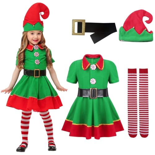 MOPQMKT Christmas Elf Children's Costume Set 4 Pieces Christmas Elf Costume Dress + Hats + Socks + Belt Carnival & Cosplay Gifts for Halloween Costumes (130 cm) von MOPQMKT