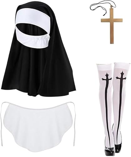 MOPQMKT Halloween Nonne Kostüm 4 STÜCK Nonnenkostüm-Set Nonnenhut Nonnenkragen Kreuz Anhänger Halskette Knie Oberschenkel hohe White Socken für Halloween, Karneval, Themenparty, Kostümparty von MOPQMKT