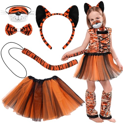 MOPQMKT Halloween Tiger Kleidung 5 Stück Tierkostüm-Set,Tiger Ohr Stirnband Schwanz Nase Fliege Rock Set, Dschungel Party Set für Kinder Karneval Cosplay Party Halloween Kostüm Kostüm Partyzubehör von MOPQMKT