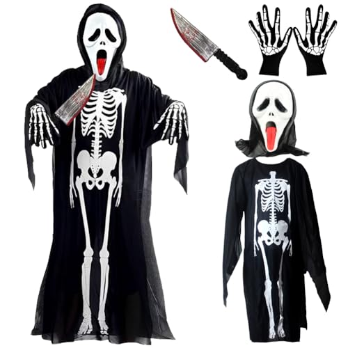 MOPQMKT Kind Halloween Skelett Kostüm mit Schädelmaske Handschuhen Ghostface Skelett Kostüm für Halloween Süßes oder Saures, für Halloween-Kostümpartys, Cosplay,Mottoparty Bühnenauftritte von MOPQMKT