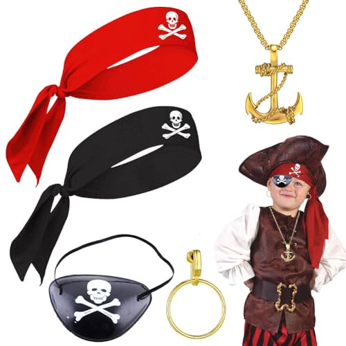 MOPQMKT Piraten Kostüm Zubehör Set Vintage Piraten Zubehör 4 Stück Piraten Kostüm Zubehör Set Enthält Piratenbandana, Augenklappe, Ohrringe und Halskette Piraten-Cosplay-Set von MOPQMKT