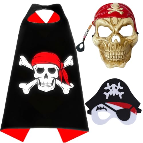 MOPQMKT Piraten Set für Kinder, 3 Pcs Schädel Gekreuzte Knochen Piratenkostüm 3D-Piraten-Augenmaske Totenkopf Maske Piratenzubehör für Halloween Cosplay Partys Piratenparty Karneval von MOPQMKT