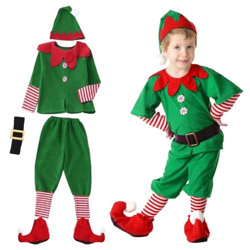 MOPQMKT Weihnachtselfe Kinderkostüm Set 5-teilig Weihnachtselfe Kostüm Oberteile + Hose + Mützen + Socken + Gürtel Fasching, Fasching & Cosplay Geschenke für Halloween Kostüme (130 cm) von MOPQMKT