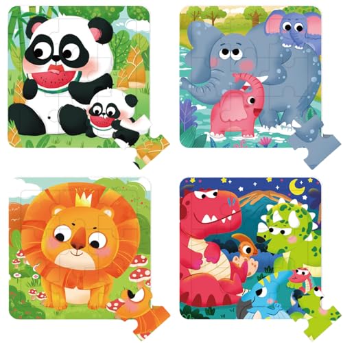 Tier Puzzle Baby 4PCS Kinderpuzzle Puzzlebuch ab 3 Jahre Dinosaurier Elefant Löwe Panda Tiere Puzzle Kinder Vorschule Lehrreiches Spielzeug Geschenke für Kinder für Jungen und Mädchen von MOPQMKT