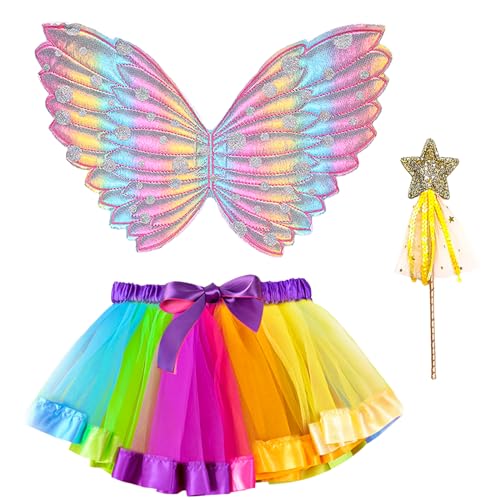 MORAINJAY Feen-Schmetterlingsflügel Kostüm für Mädchen, Regenbogen-Tutu Feenflügel Verkleidung für Kleinkinder, Geburtstagsfeiern, Halloween, Weihnachten und Festlichkeiten von MORAINJAY