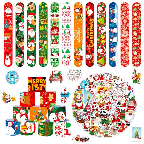 MORAINJAY 36 Stück Weihnachts-Slap-Armbänder und 50 Sticker, Weihnachts-Slap-Bänder für Partytüten,Weihnachts-Geburtstagsgeschenke für Kinder,Mitgebsel für Mädchen und Jungen, Weihnachts-Partybedarf von MORAINJAY