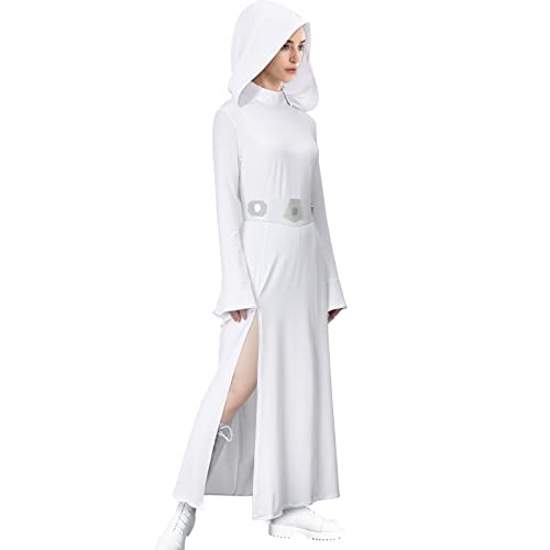 Leia-Kostüm für Damen, weißes Kleid mit Kapuze, langes Kleid mit Gürtel, Halloween, Cosplay, Party, Outfit, Anzug für Erwachsene, Kinder (Größe XL, Erwachsenenkleid) von MORROWIND