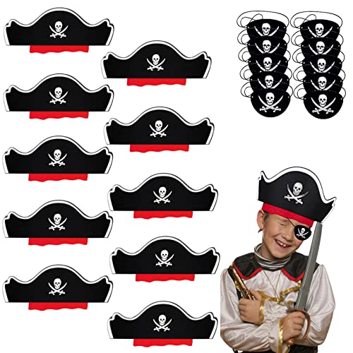 MOSNOW 10 Stück Piratenhut+10 Stück Augenklappe Pirat Kinder, Filz Piratenkapitän Hut Schädel Piraten Zubehör Set Piratenhut Pirat für Piratenhut Kindergeburtstag Piratenparty Weihnachten von MOSNOW