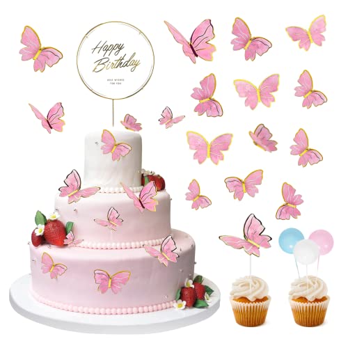 Schmetterlinge Geburtstag Tortendeko Happy Birthday Cake Topper mit 30 Stück Rosa Schmetterling Kuchendekoration und 6 Stück Cupcake Topper Schaum Runde Ball Tortenstecker für Geburtstag Hochzeit von MOSNOW