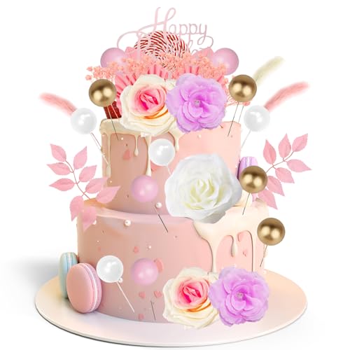 36 Stück Tortendeko Blumen Boho Tortendeko, Künstliche Rosenblüten Blätter Palmenfächer Getrocknete Gräser Kuchenbällchen Kuchenkarte, Wiederverwendbare DekoTorte für Party Hochzeit Geburtstag von MOSTFUN