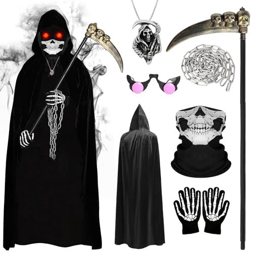 MOSTFUN Halloween Sensenmann Kostüm Set für Kinder mit Sensemann Umhang, Sense, Skelett Handschuhe, Totenkopfmaske, Brille, Anhänger und Kette, für Cosplay und Halloween Party Dekoration, Unisex von MOSTFUN