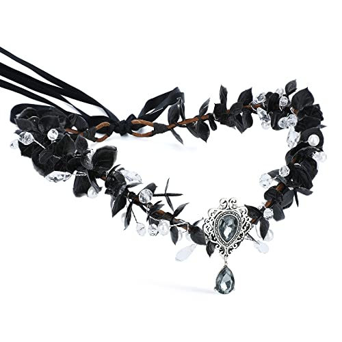 MOSTORY Blume Stirnband Baby Atem Kopfschmuck Schwarze Krone für Mädchen Frauen Schwarzer Eukalyptus mit Perlen Kristall Haarkranz Boho Girlande Elf Cosplay Renaissance Braut Mutterschaft von MOSTORY