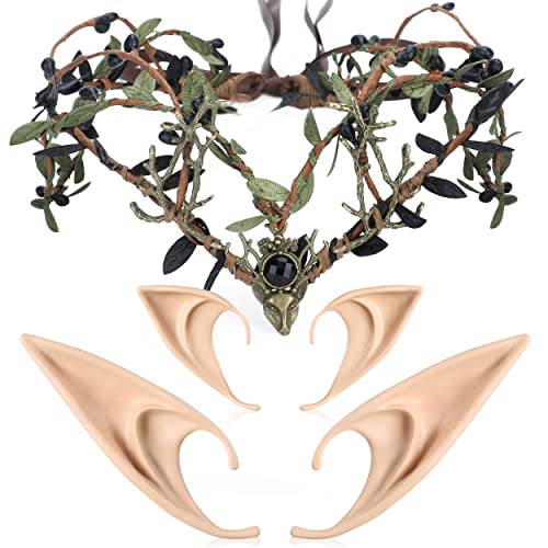 MOSTORY Elfenohren mit Waldfee Stirnband Grün Blume Krone Kopfschmuck mit Pixie Ohren Set Bronze Hirsch Geweih Kreis Tiara Cosplay für Frauen Mädchen Renaissance Halloween Party von MOSTORY