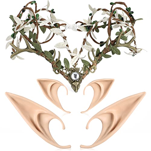 MOSTORY Elfenohren mit grüner Waldgeweih-Krone-Set Elfenwald Haarschmuck mit 2 Paar weichen Elfenohren-Kit Bronze Fee Haarband für Frauen Mädchen Renaissance Weihnachten Cosplay von MOSTORY