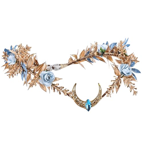 MOSTORY Feenkrone für Frauen, Glod Moon Fairy Kopfschmuck für Halloween Cosplay, Göttin Elf Tiara mit blauer Rose für Renaissance Fotoshootings MOSTORY Feenkrone für Frauen, Glod Moon Fairy Kopfschmuck für Halloween Cosplay, Göttin Elf Tiara mit blauer Rose für Renaissance Fotoshootings von MOSTORY