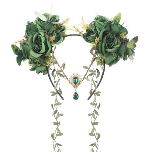 MOSTORY Grünes Feenblütenkopfschmuck - Elfekrone, florales Wald-Stirnband mit Schmetterling, Feenkostüm für Frauen, Renaissance, Renfaire, Halloween, Cosplay, Fantasie-Zubehör von MOSTORY