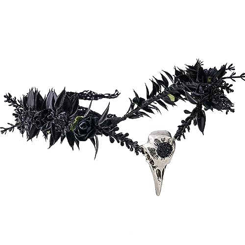 MOSTORY Handgemachte schwarze Blumenkrone - Gothic Einstellbare Rabenschädel Tiara Hexe Stirnband Dunkle Fee Kopfbedeckung mit Strass für Zauberer Halloween Cosplay Karneval Hochzeit Cosplay Karneval von MOSTORY