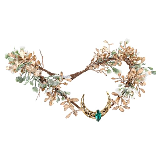 MOSTORY Mondgöttinnen Elfenkrone für Damen, Goldener Feenkrone mit grüner Blume für Renaissance-Cosplay, Waldblätter-kopfschmuck für Halloween-Partys MOSTORY Mondgöttinnen Elfenkrone für Damen, Goldener Feenkrone mit grüner Blume für Renaissance-Cosplay, Waldblätter-kopfschmuck für Halloween-Partys von MOSTORY