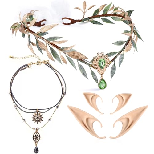 MOSTORY Renaissance-Feen-Accessoires für Damen, 4 Stück, Waldelfenkrone, mehrlagige Stern-Pedant-Halskette mit Elfenohren, Set für Feenrenfaire-Kostüm, Damen, Halloween-Outfit, Fantasy-Cosplay von MOSTORY