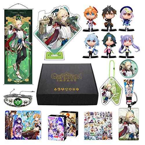 Genshin Impact Merch Box Kaveh Geschenkbox inkl. Poster, 6 Figuren, Stand Figur, Mauspads, Armband, Abzeichen, Schlüsselanhänger, Kartenhalter, 30 Lomo Karten, 50 Aufkleber von MOTAO