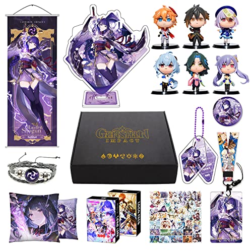 Genshin Impact Merch Box Raiden Shogun Geschenkbox inkl. Poster, 6 Figuren, Stand Figur, Kissenbezug, Armband, Abzeichen, Schlüsselanhänger, Kartenhalter, 30 Lomo Karten, 50 Aufkleber von MOTAO