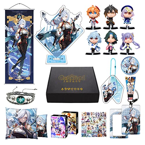 Genshin Impact Merch Box Shenhe Geschenkbox inkl. Poster, 6 Figuren, Stand Figur, Kissenbezug, Armband, Abzeichen, Schlüsselanhänger, Kartenhalter, 30 Lomo Karten, 50 Aufkleber von MOTAO