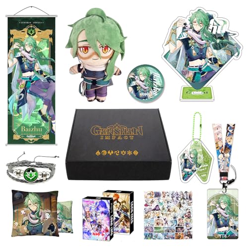 Genshin Impact Merch Box inkl. 11 Geschenk, Alle 5 Stars Charaktere Plush Poster Stand Figur Geschenkbox Set, Sammlung für Traveller Fans (Baizhu) von MOTAO