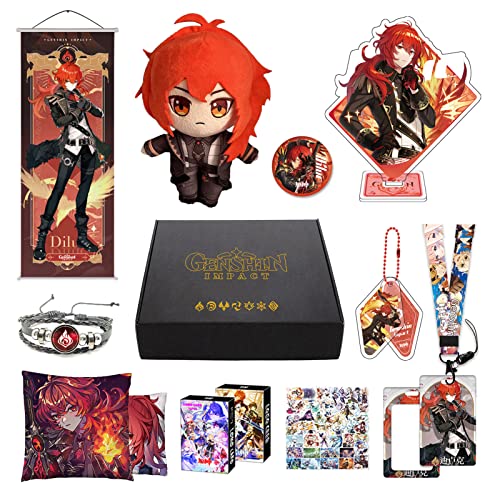 Genshin Impact Merch Box inkl. 11 Geschenk, Alle 5 Stars Charaktere Plush Poster Stand Figur Geschenkbox Set, Sammlung für Traveller Fans (Diluc) von MOTAO