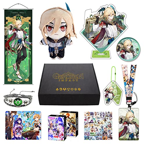 Genshin Impact Merch Box inkl. 11 Geschenk, Alle 5 Stars Charaktere Plush Poster Stand Figur Geschenkbox Set, Sammlung für Traveller Fans (Kaveh) von MOTAO