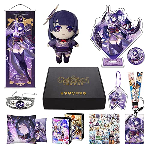 Genshin Impact Merch Box inkl. 11 Geschenk, Alle 5 Stars Charaktere Plush Poster Stand Figur Geschenkbox Set, Sammlung für Traveller Fans (Raiden Shogun) von MOTAO