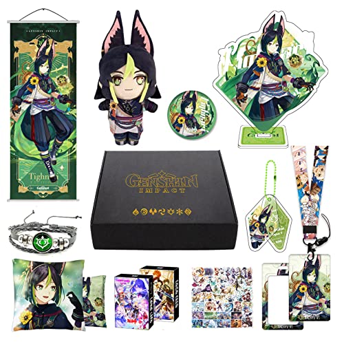 Genshin Impact Merch Box inkl. 11 Geschenk, Alle 5 Stars Charaktere Plush Poster Stand Figur Geschenkbox Set, Sammlung für Traveller Fans (Tighnari) von MOTAO